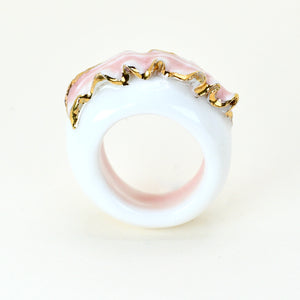 porcelain, ring, jewelry, Jewellery, pink, blush, lace, gold, leaf, contemporary, classy, elegant, delicate, summer, summery, fine, refined, art, sculpture, wearable, white