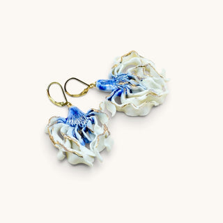 Sculptural white and cobalt-blue porcelain drop earrings with 24K gold accents, handmade in London