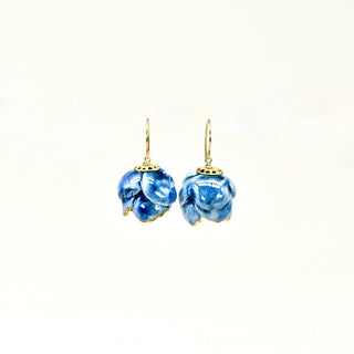 Pair of blue floral peony earrings with gold accents on a white background