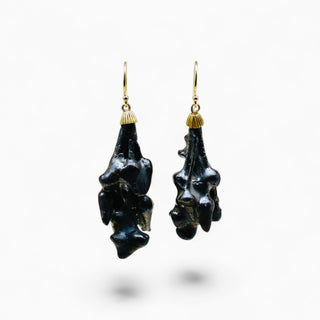 Real plant porcelain earrings in dark chocolate-brown glaze with vintage gold-filled hooks