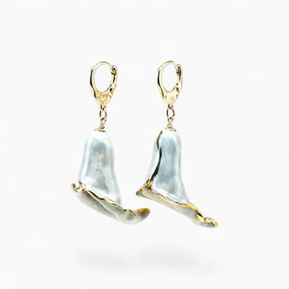 A pair of dangling earrings shaped like calla lily flowers with gold-tone hoops -ideal gift for wife