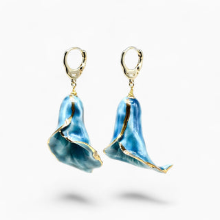Teal porcelain calla lily earrings with gold-filled hoops – elegant floral jewelry for women