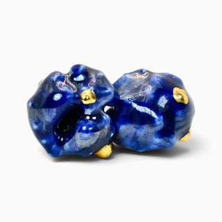 Unconventional gift idea for wife – real flower earrings in deep blue porcelain with 24k gold accents and mother of pearl