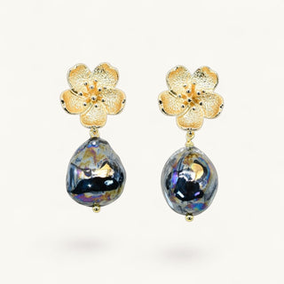 Floral Porcelain Earrings with gold flower stud and iridescent dark porcelain drop – handmade lightweight statement earrings