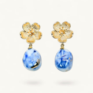 Floral Porcelain Earrings blue marbled porcelain drop and textured gold flower stud – elegant lightweight drop earrings