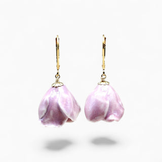 A pair of dangling earrings with iridescent light purple dahlia-like flower drops and gold leverbacks. Perfect gift for wife.