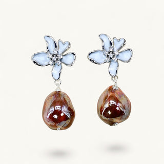 Handmade silver floral drop earrings with amber brown glazed porcelain charm – luxury anniversary gift for her