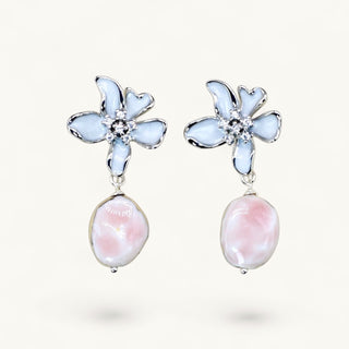 Silver flower stud earrings with blush pink porcelain teardrop – elegant handmade gift for wife or girlfriend