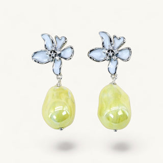 Silver crystal flower earrings with lemon yellow porcelain drop – lightweight statement jewellery for women