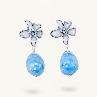 Grace Silver Flower Earrings with blue porcelain drop – handmade lightweight floral statement earrings for women