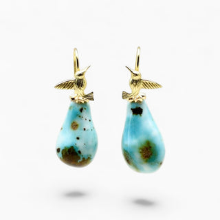 Handmade porcelain hummingbird earrings with mother of pearl and 24K gold, a unique 18th anniversary gift for a wife.