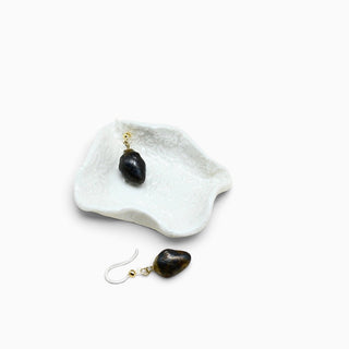 Brown porcelain drop earrings with rich gold glaze and hypoallergenic hooks, handmade by FARPHORIA