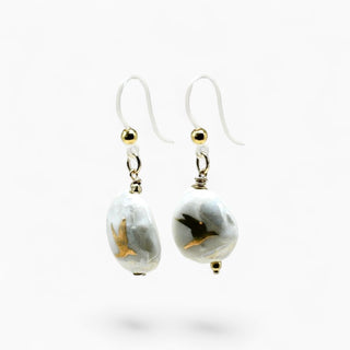 White porcelain drop earrings with hand-painted gold birds and hypoallergenic hooks, a special gift for women