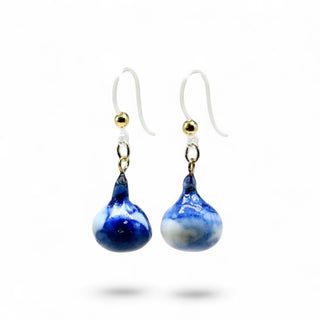 Cobalt blue glazed porcelain earrings with gold accents and hypoallergenic ear wires, handmade in London