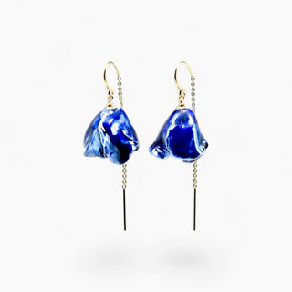 A pair of handmade dangle earrings featuring organic peony-shaped deep blue porcelain flowers suspended from gold  dangling threaders. Ideal gift for porcelain anniversary