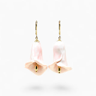 A pair of dangling earrings with pale pink calla lily flower charms and gold-tone leverbacks -perfect gift for 18th wedding anniversary