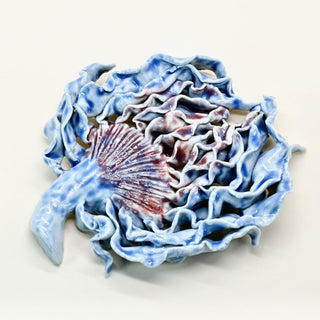 Unique porcelain wall sculpture inspired by an artichoke, handmade by FARPHORIA in subtle blue and pink shades.