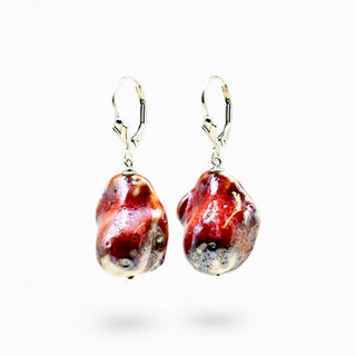 Ruby red baroque pearl porcelain drop earrings with silver lever-back hooks, handmade by FARPHORIA in London -best gift for wife