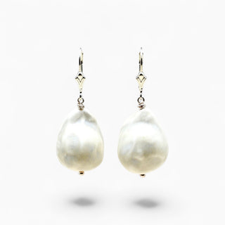 Pearlescent white baroque pearl porcelain drop earrings with sterling silver lever-back hooks