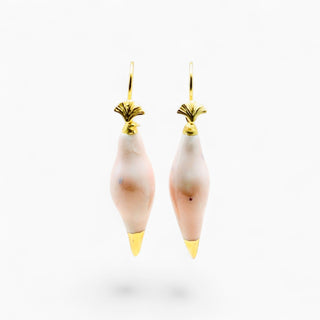 Soft blush porcelain peacock earrings with golden tails, a meaningful anniversary gift for a beloved wife