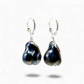 Midnight black baroque pearl porcelain drop earrings with organic shapes and silver lever-back fixtures