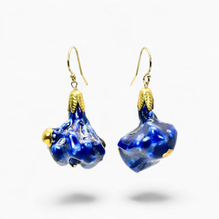 Luxury cobalt blue botanical earrings – handmade porcelain jewelry for wife who loves nature and art
