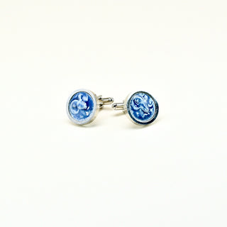 Handmade porcelain zodiac cufflinks for men with Aries symbol in blue glaze
