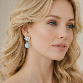 Romantic flower stud earrings with light blue porcelain drops – gift for wife
