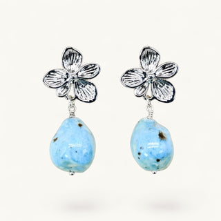 Handmade light blue porcelain drop earrings with silver flower studs by FARPHORIA
