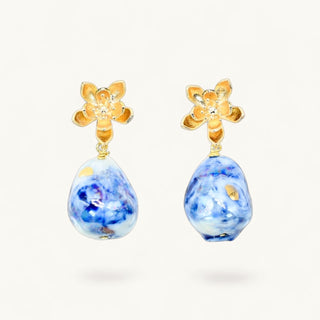 Unique handcrafted porcelain statement earrings in blue and gold for 18th wedding anniversary
