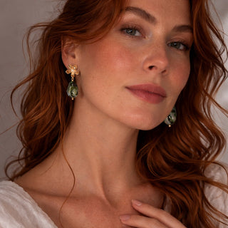 FARPHORIA handmade porcelain drop earrings in green with gold accents, luxury birthday gift for her