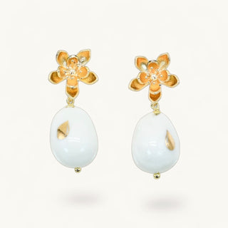 Porcelain drop earrings in white with gold flower stud, lightweight anniversary gift for her