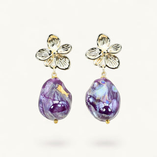 FARPHORIA porcelain pearl drop earrings in purple with gold floral stud – lightweight statement jewellery