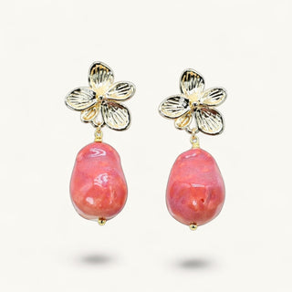 Elegant coral pink porcelain drop earrings with gold flower studs – 18th wedding anniversary gift idea