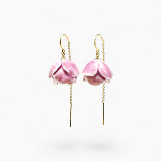 Hand-sculpted blush peony porcelain earrings with gold threaders – perfect floral gift for her