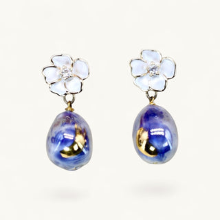 Blue and gold porcelain statement earrings with flower stud detail
