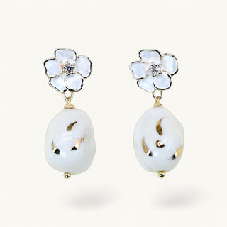 Handmade white porcelain drop earrings with gold accents and floral crystal stud