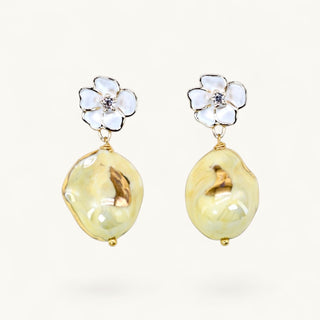 Yellow porcelain anniversary earrings with gold lustre and crystal flower