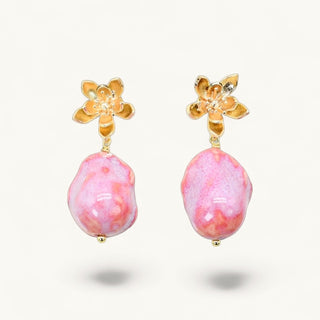 Elegant coral pink porcelain earrings with gold floral top – romantic gift for woman