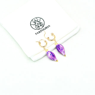 Purple porcelain drop earrings with gold hoops unique handmade gift for her