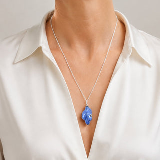 Elegant blue porcelain pendant and silver chain, a sophisticated handmade gift for a wife who has everything