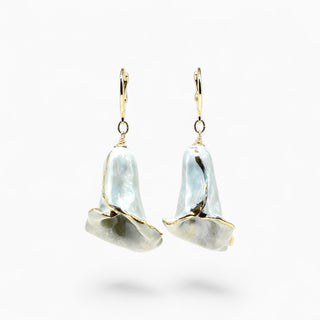 A pair of gold leverback drop earrings featuring organic calla lily-shaped sage with mother-of-pearl charms with gold accents - ideal surprise for wife