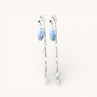 Blue porcelain gemstone drop earrings with long sparkling crystal chains, a unique handmade gift for a beloved woman