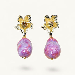 Pink porcelain statement earrings with gold floral top by FARPHORIA