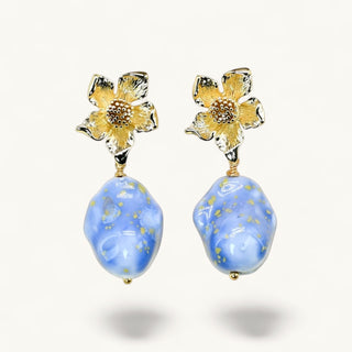 Handmade blue porcelain flower drop earrings with gold stud