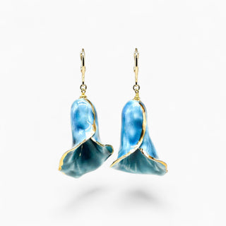 Teal calla lily drop earrings with mother of pearl and gold accents and secure gold-filled leverbacks