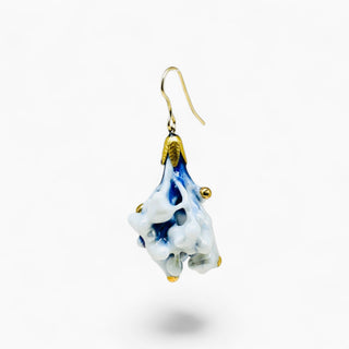 White and blue real flower porcelain earring with delicate stems, handmade in London by FARPHORIA