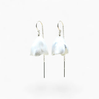 A pair of silver drop earrings featuring peony-shaped white mother-of-pearl pendants suspended from delicate chains with straight silver bar drops best gift for wife.