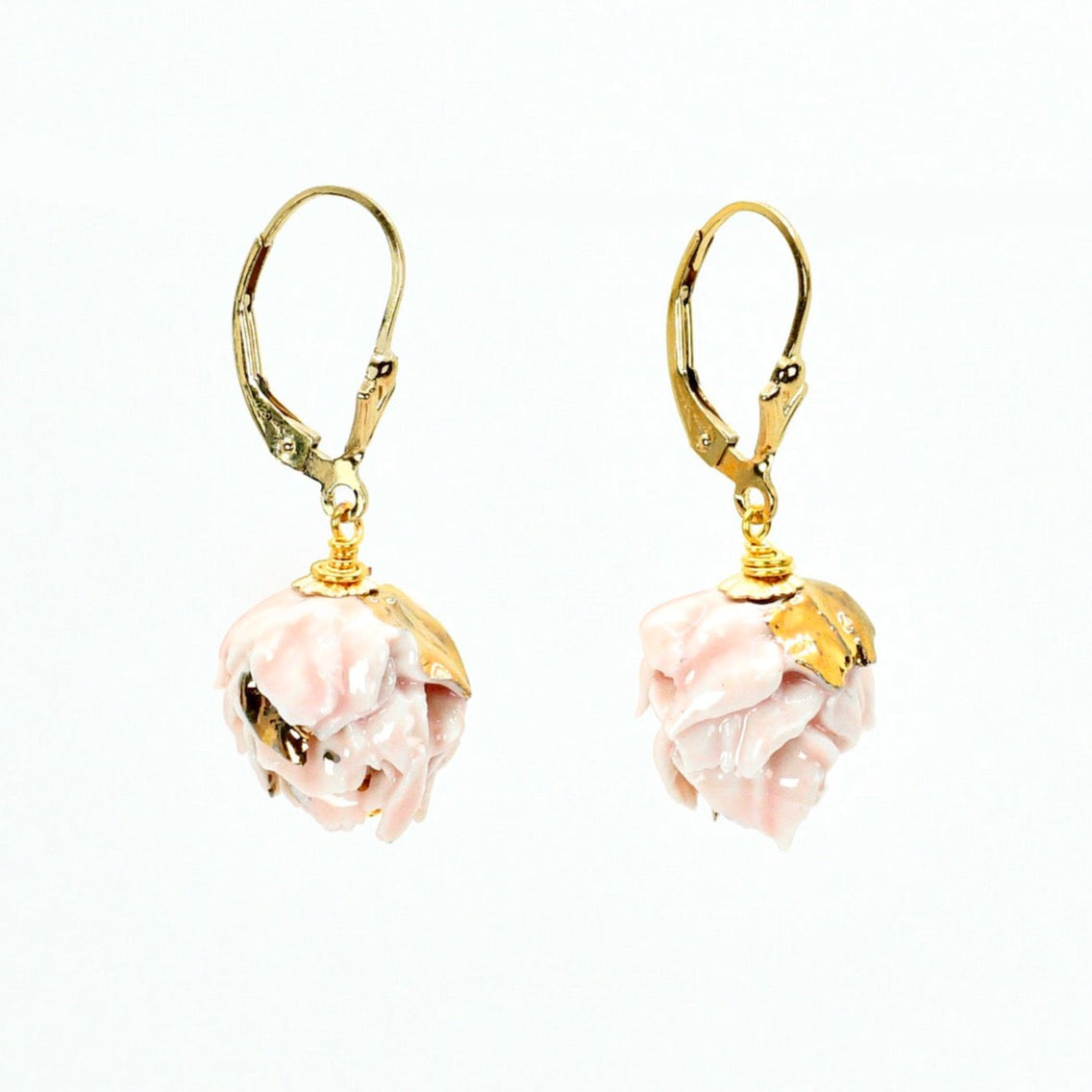 Pink porcelain artichoke earrings, leverbacks gold-filled,  embellished with 24Kgold