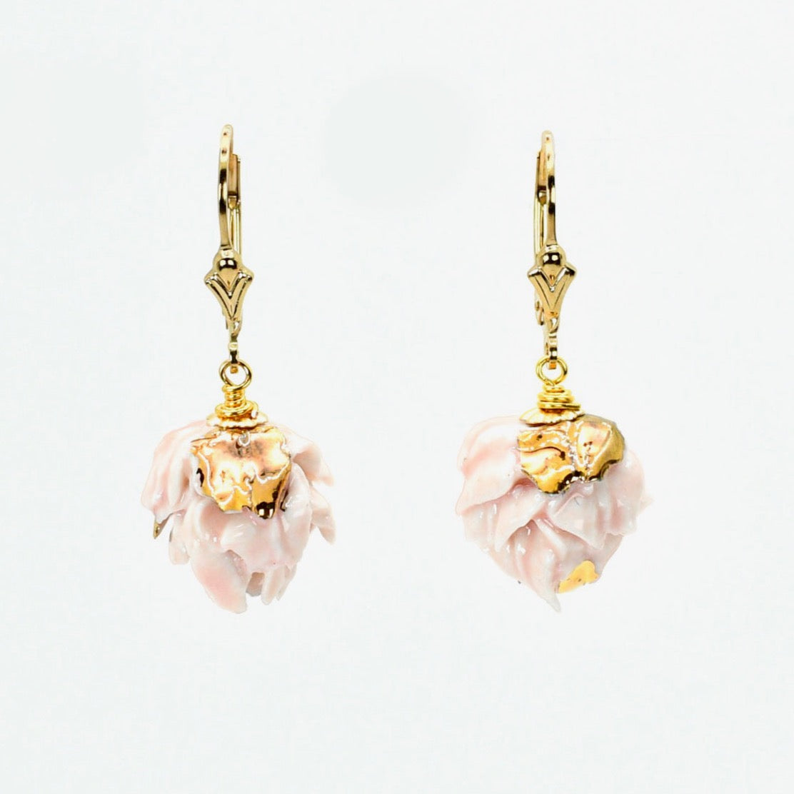 Pink porcelain artichoke earrings, leverbacks gold-filled,  embellished with 24K gold